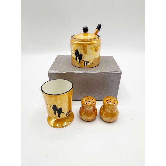 Vintage Ceramic Orange LusterWare Bird Condiment Set honey salt pepper cup - Picture 3 of 6